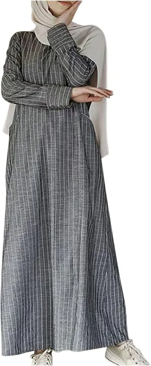 Lmdudan Muslim Dresses - Ladies Robe Dress Islamic Abaya - Cotton Linen Dress - Stripe Conservative Prayer Clothes