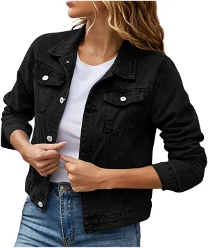 Lmdudan Women's Long Sleeve Button Down Wash Denim Jacket Ladies Retro Western Jean Jacket Winter Fall Coat Tops & Pockets