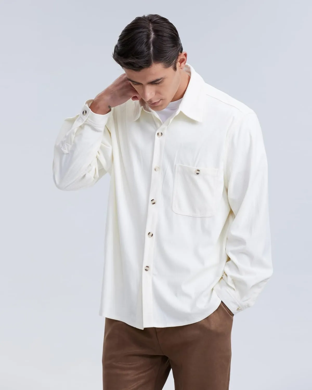 Locachy Men's Casual Corduroy Shirt Loose Button Down Corduroy Shacket Jacket