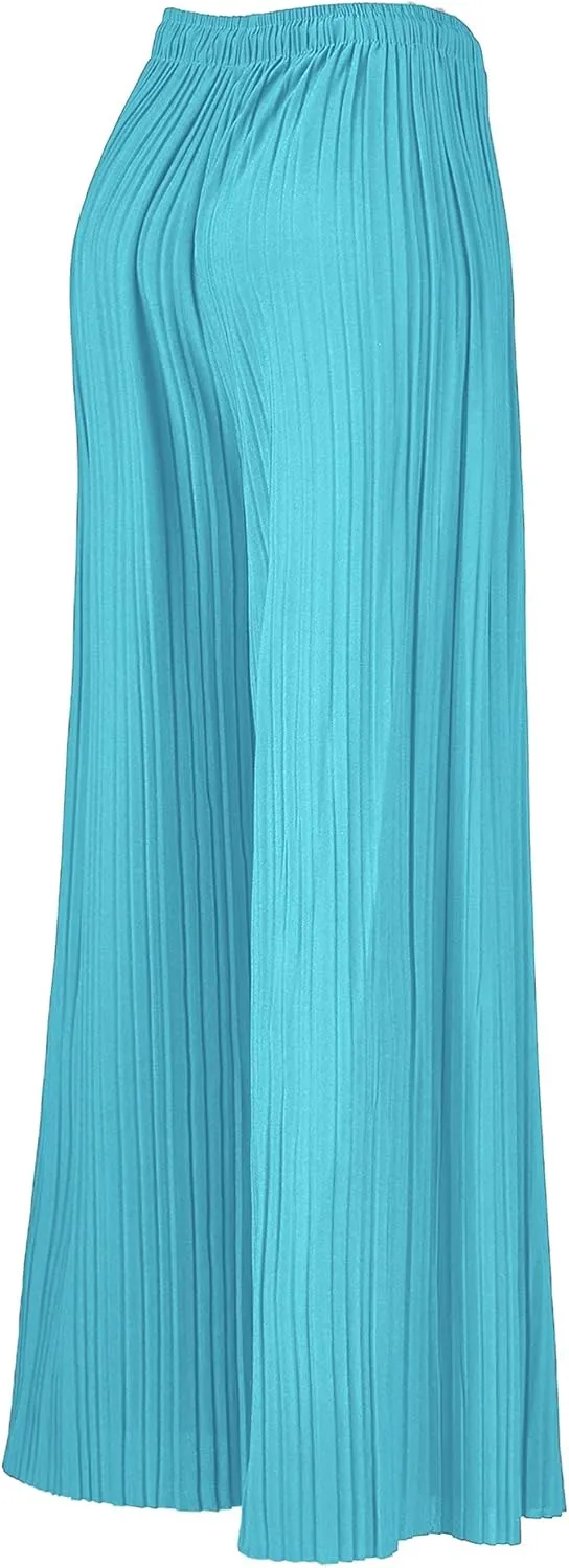Lock and Love Womens Pleated Wide Leg Palazzo Maxi Pants with Drawstring or Elastic Band