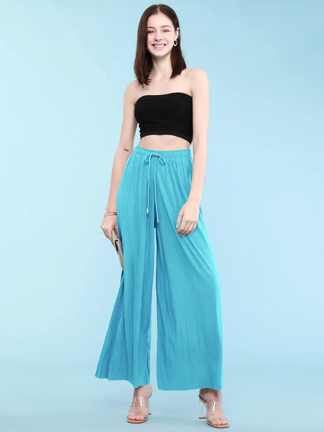 Lock and Love Womens Pleated Wide Leg Palazzo Maxi Pants with Drawstring or Elastic Band
