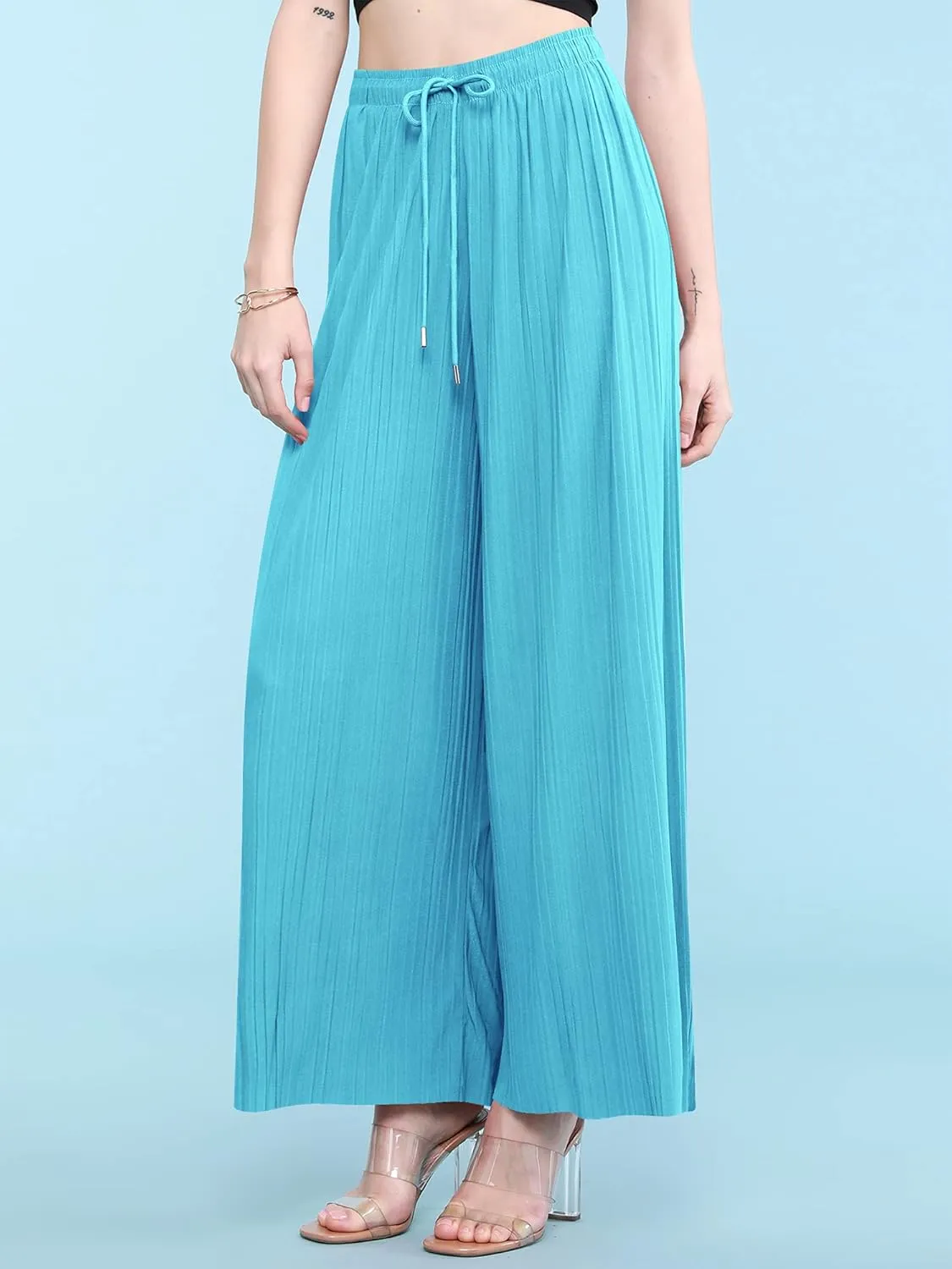 Lock and Love Womens Pleated Wide Leg Palazzo Maxi Pants with Drawstring or Elastic Band