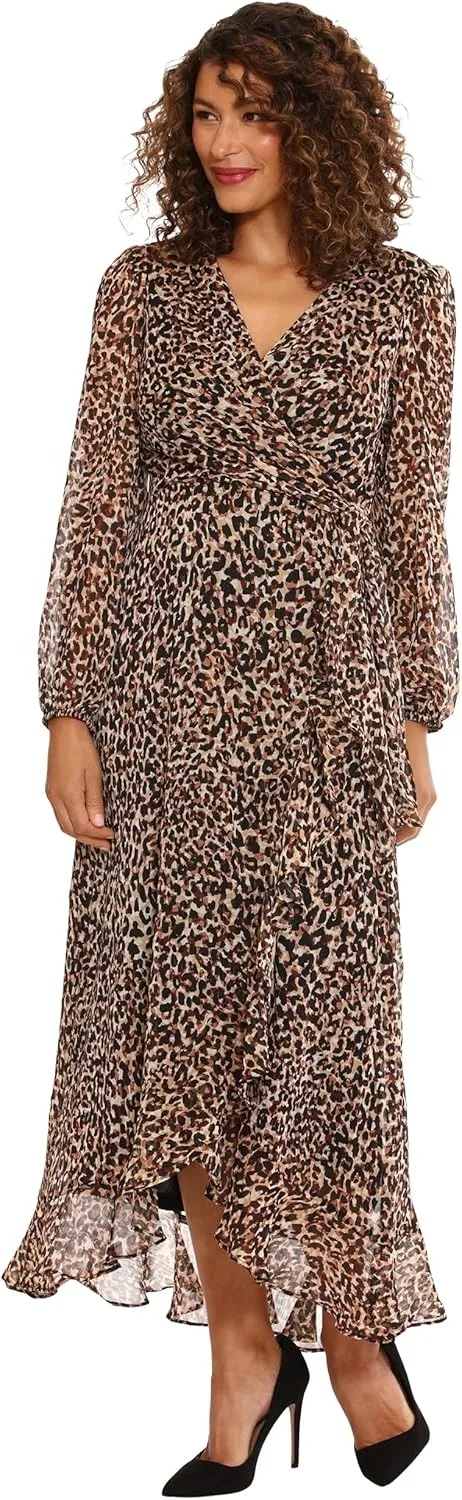 London Times Women's Chiffon Faux Wrap Ruffle Hem Maxi Dress Versatile Polished Feminine