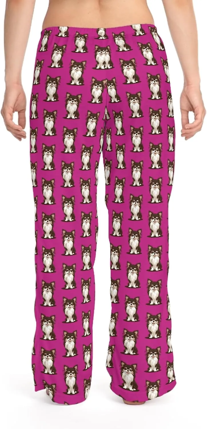 Long Haired Chihuahua Dog Hot Pink Women's Pajama Pants with Chihuahuas Puppy Pet Dog Pattern - Meandering Annie