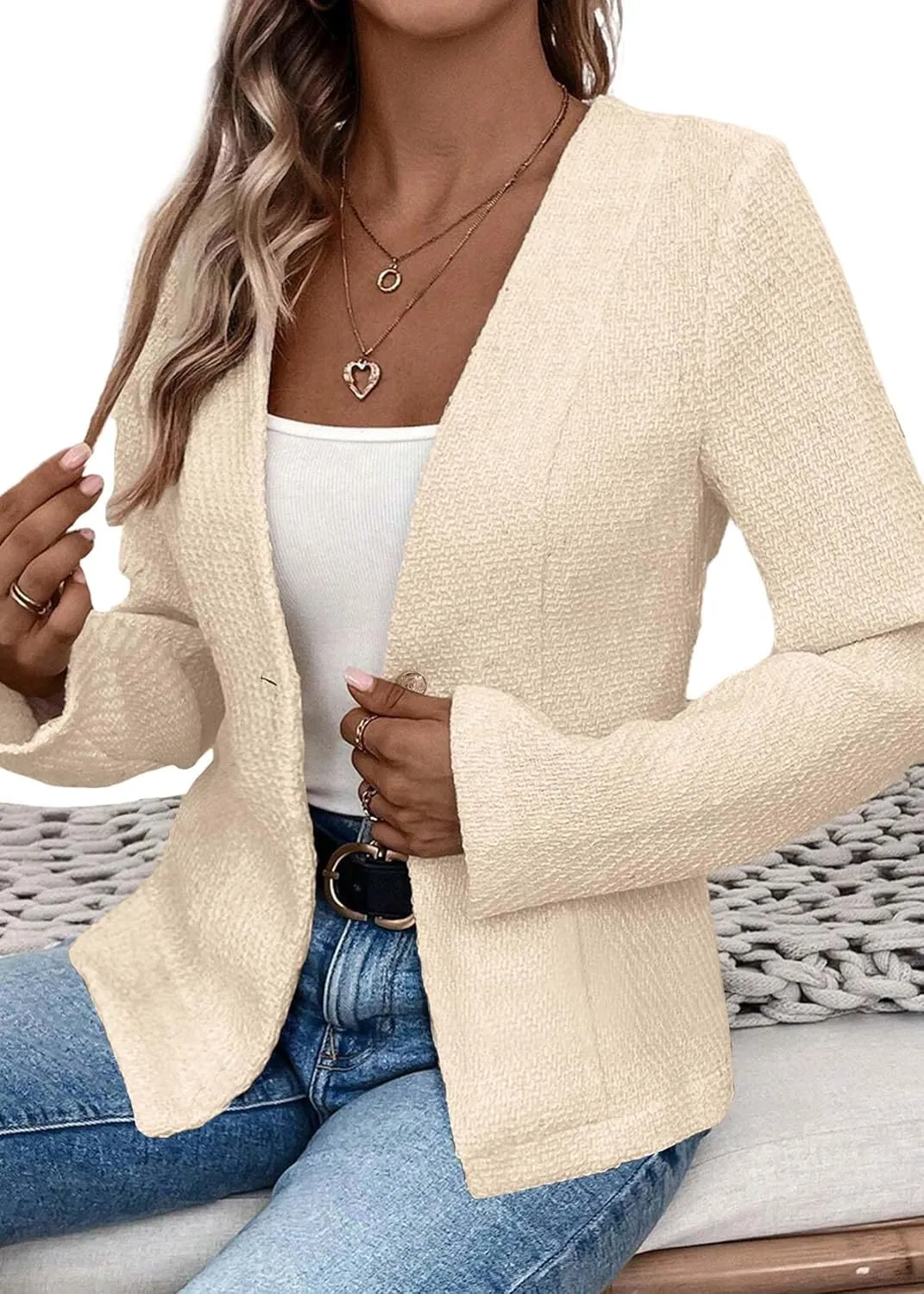 Long Tweed Blazer Jacket for Women 2024 Fall Winter Warm Cardigan Open Front Slim Fitted Fashion Casual Work Suit