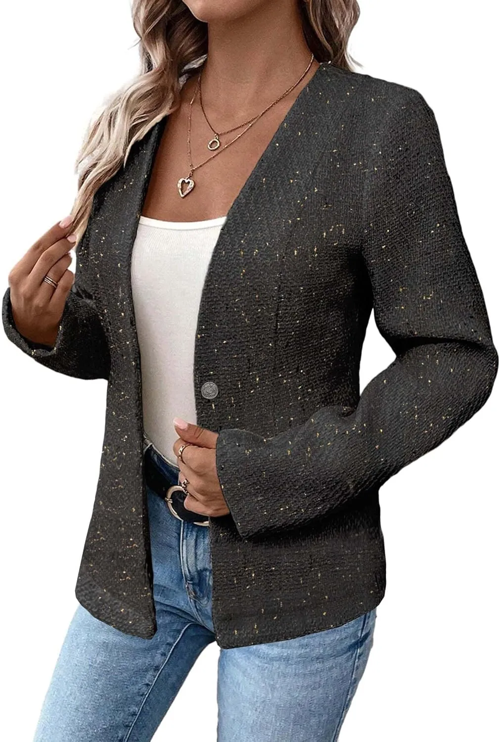 Long Tweed Blazer Jacket for Women 2024 Fall Winter Warm Cardigan Open Front Slim Fitted Fashion Casual Work Suit