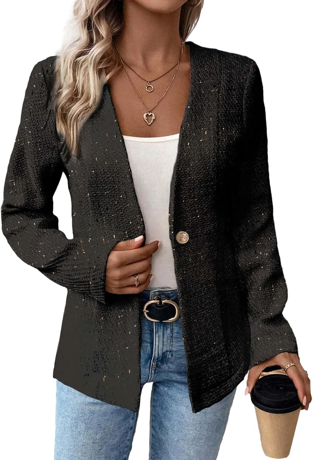 Long Tweed Blazer Jacket for Women 2024 Fall Winter Warm Cardigan Open Front Slim Fitted Fashion Casual Work Suit