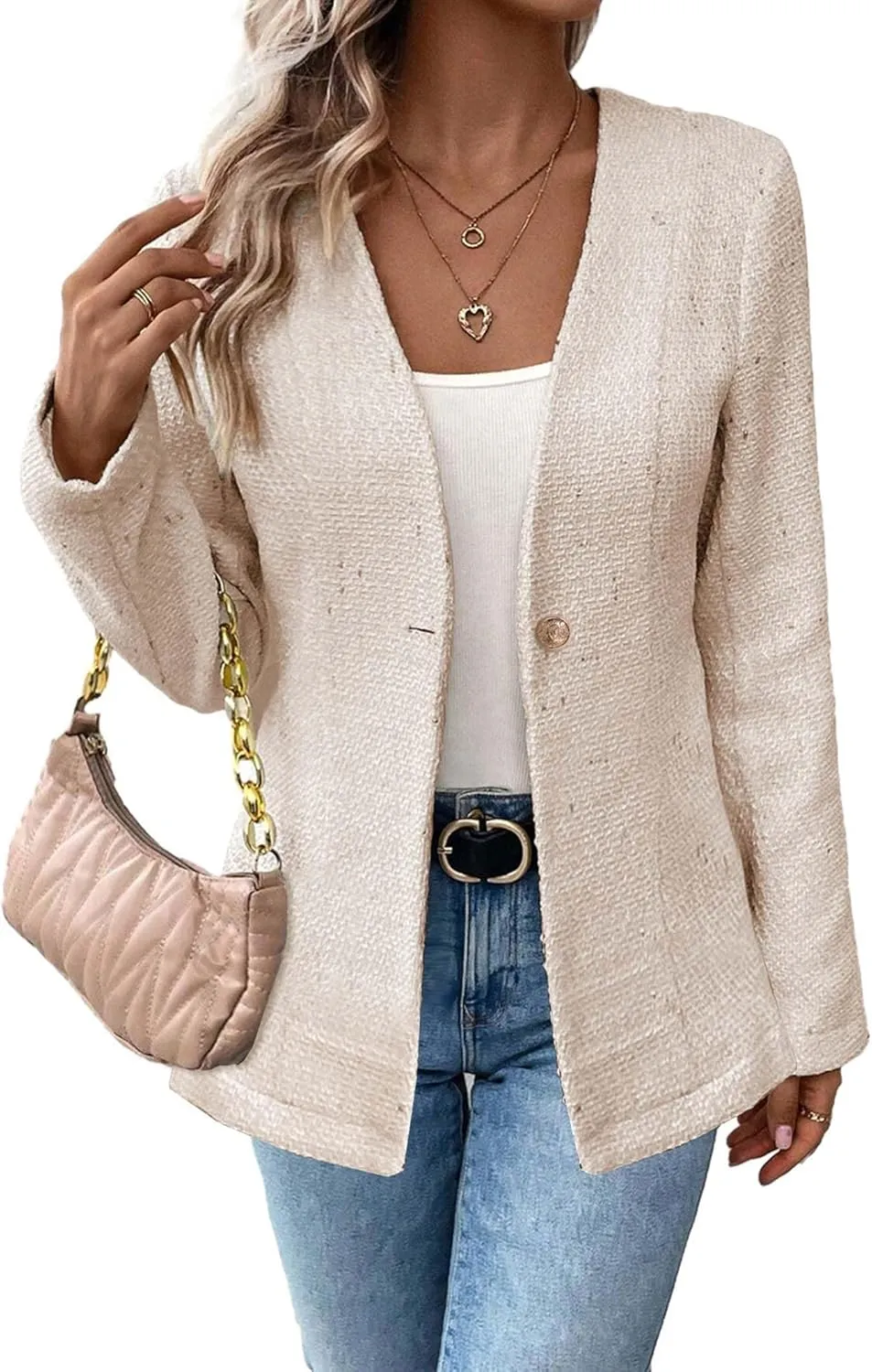 Long Tweed Blazer Jacket for Women 2024 Fall Winter Warm Cardigan Open Front Slim Fitted Fashion Casual Work Suit