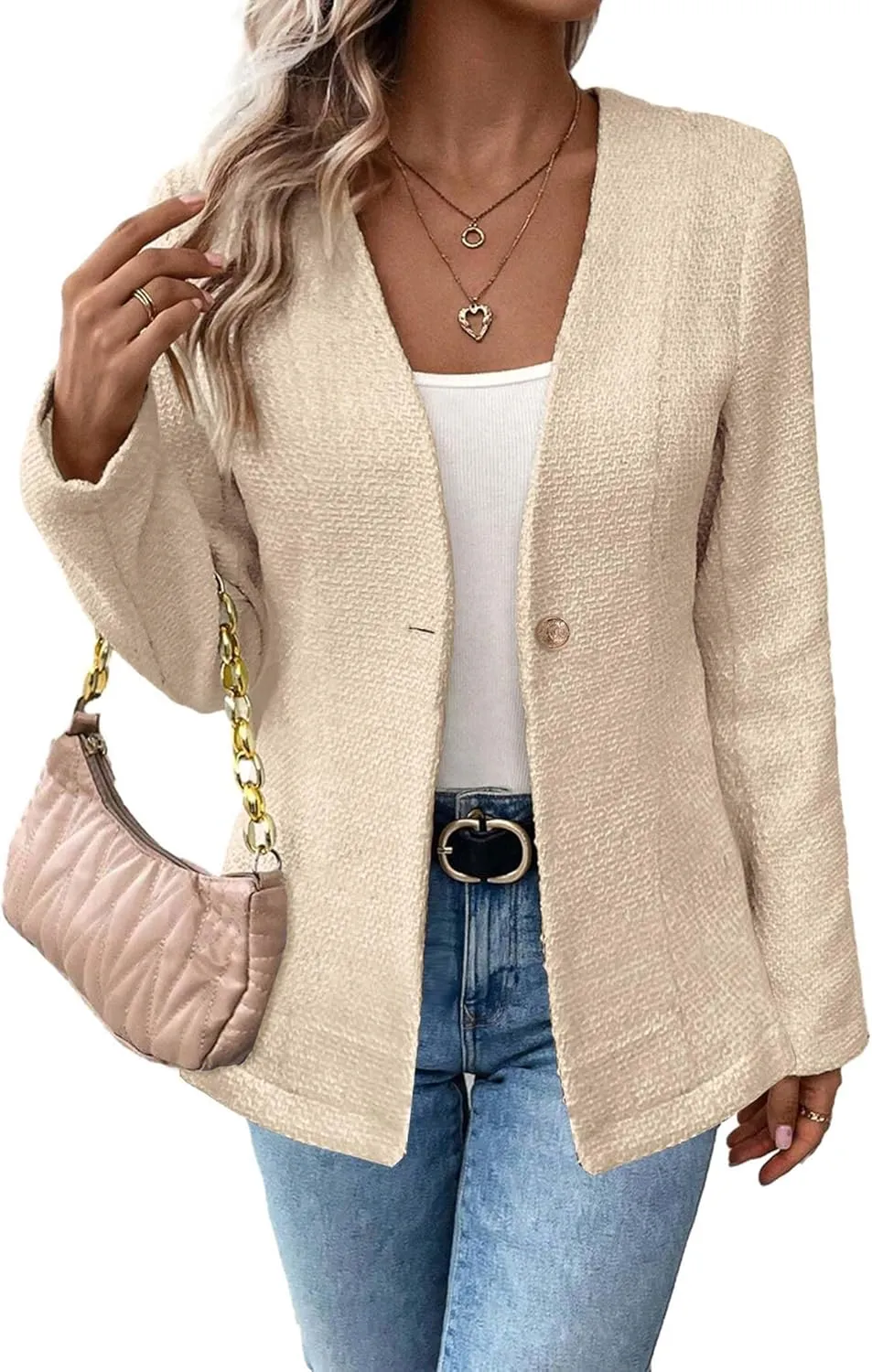 Long Tweed Blazer Jacket for Women 2024 Fall Winter Warm Cardigan Open Front Slim Fitted Fashion Casual Work Suit