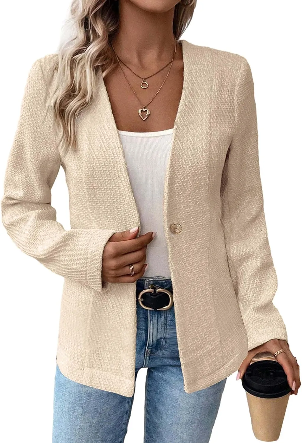 Long Tweed Blazer Jacket for Women 2024 Fall Winter Warm Cardigan Open Front Slim Fitted Fashion Casual Work Suit