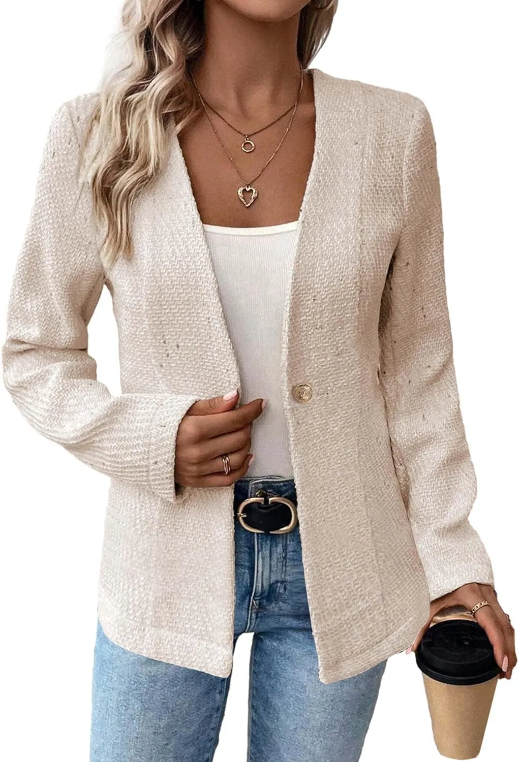 Long Tweed Blazer Jacket for Women 2024 Fall Winter Warm Cardigan Open Front Slim Fitted Fashion Casual Work Suit