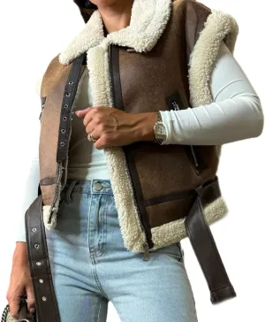loveimgs Women Winter Sherpa Vest Faux Suede Jacket Shearling Fleece Leather Vest Sleeveless Moto Fur Coat with Belt