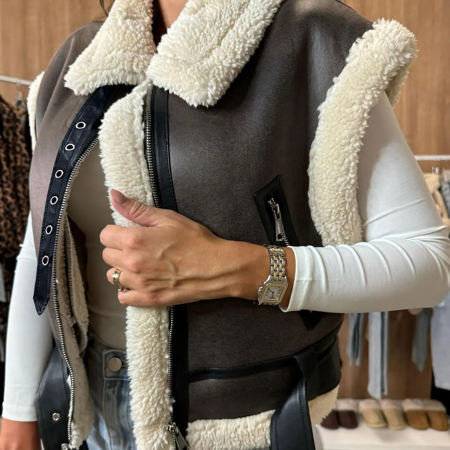 loveimgs Women Winter Sherpa Vest Faux Suede Jacket Shearling Fleece Leather Vest Sleeveless Moto Fur Coat with Belt