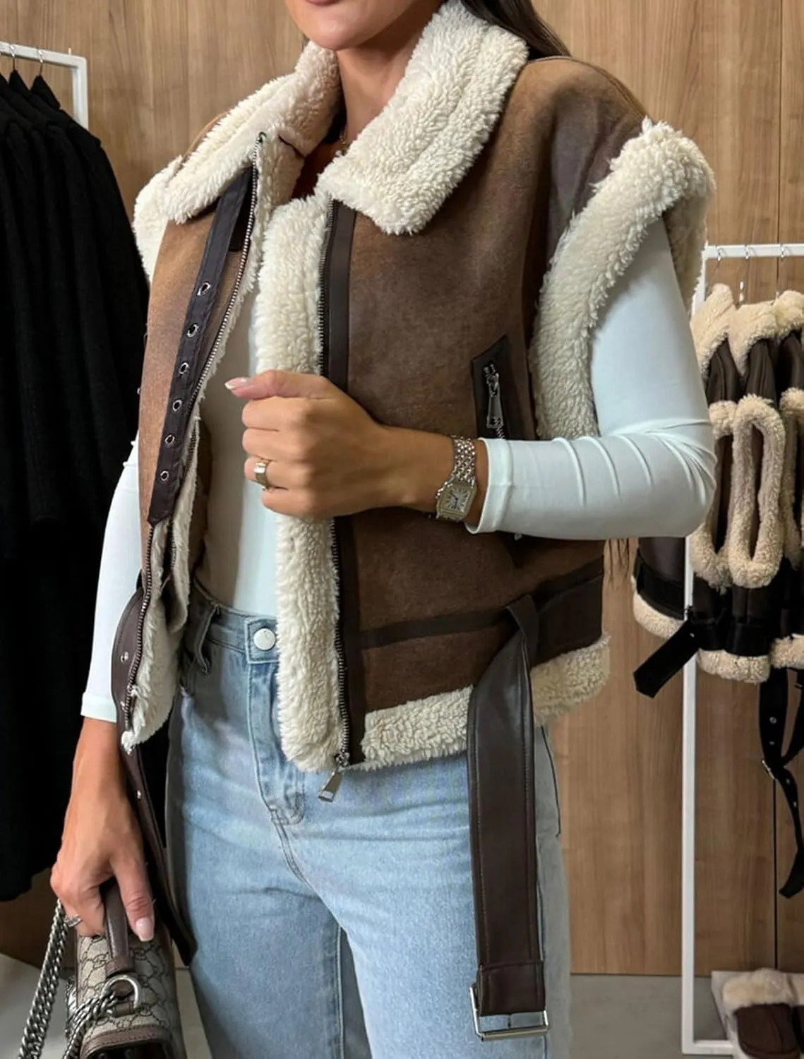loveimgs Women Winter Sherpa Vest Faux Suede Jacket Shearling Fleece Leather Vest Sleeveless Moto Fur Coat with Belt