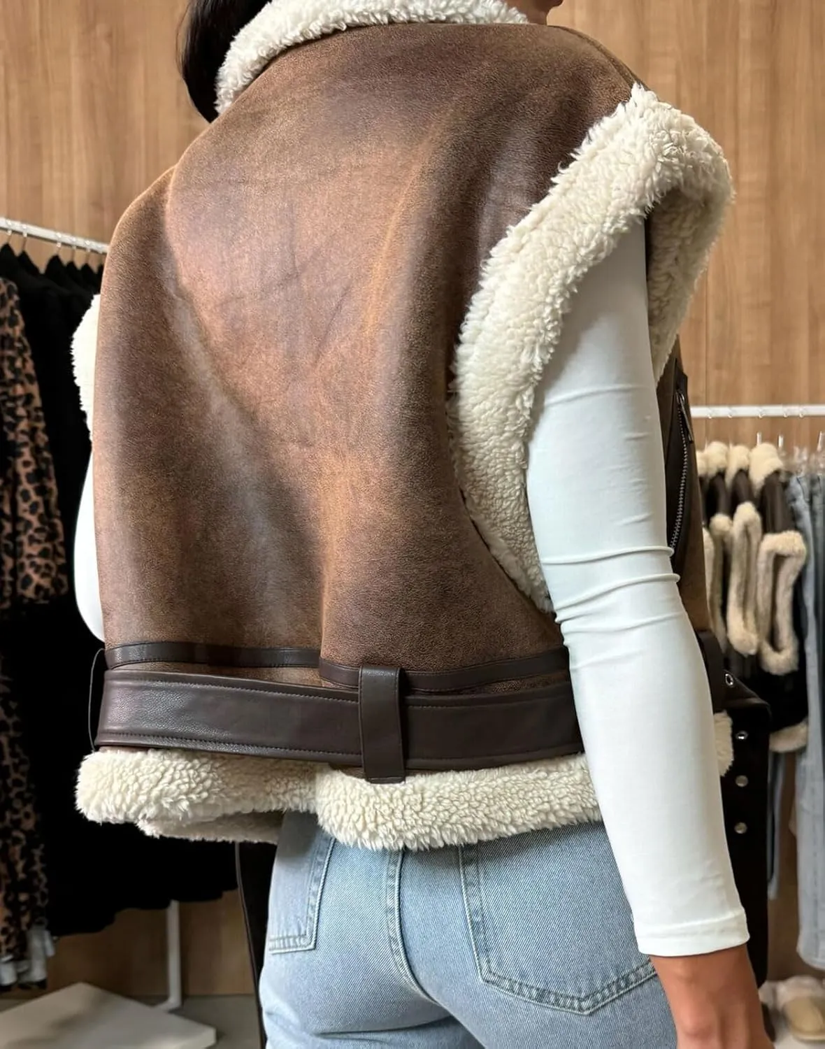 loveimgs Women Winter Sherpa Vest Faux Suede Jacket Shearling Fleece Leather Vest Sleeveless Moto Fur Coat with Belt