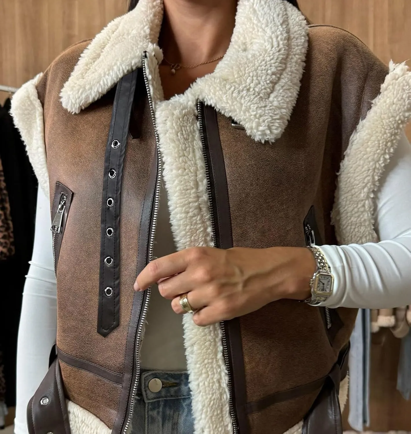 loveimgs Women Winter Sherpa Vest Faux Suede Jacket Shearling Fleece Leather Vest Sleeveless Moto Fur Coat with Belt
