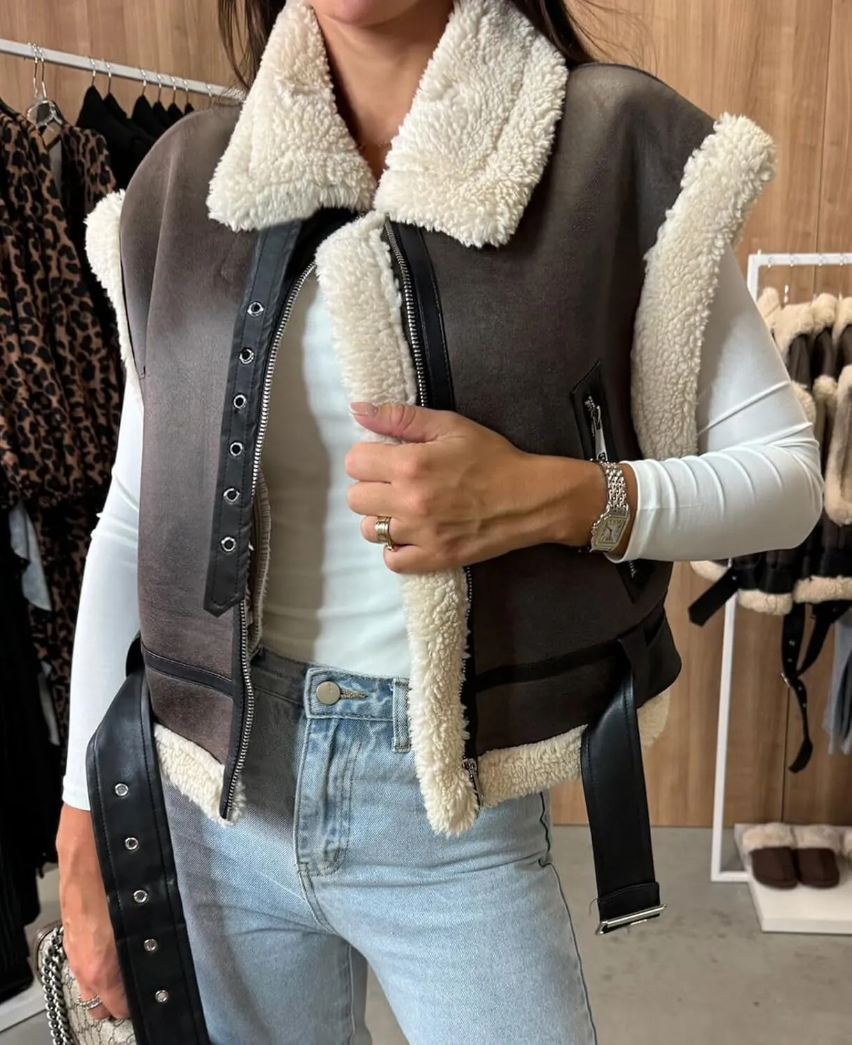 loveimgs Women Winter Sherpa Vest Faux Suede Jacket Shearling Fleece Leather Vest Sleeveless Moto Fur Coat with Belt