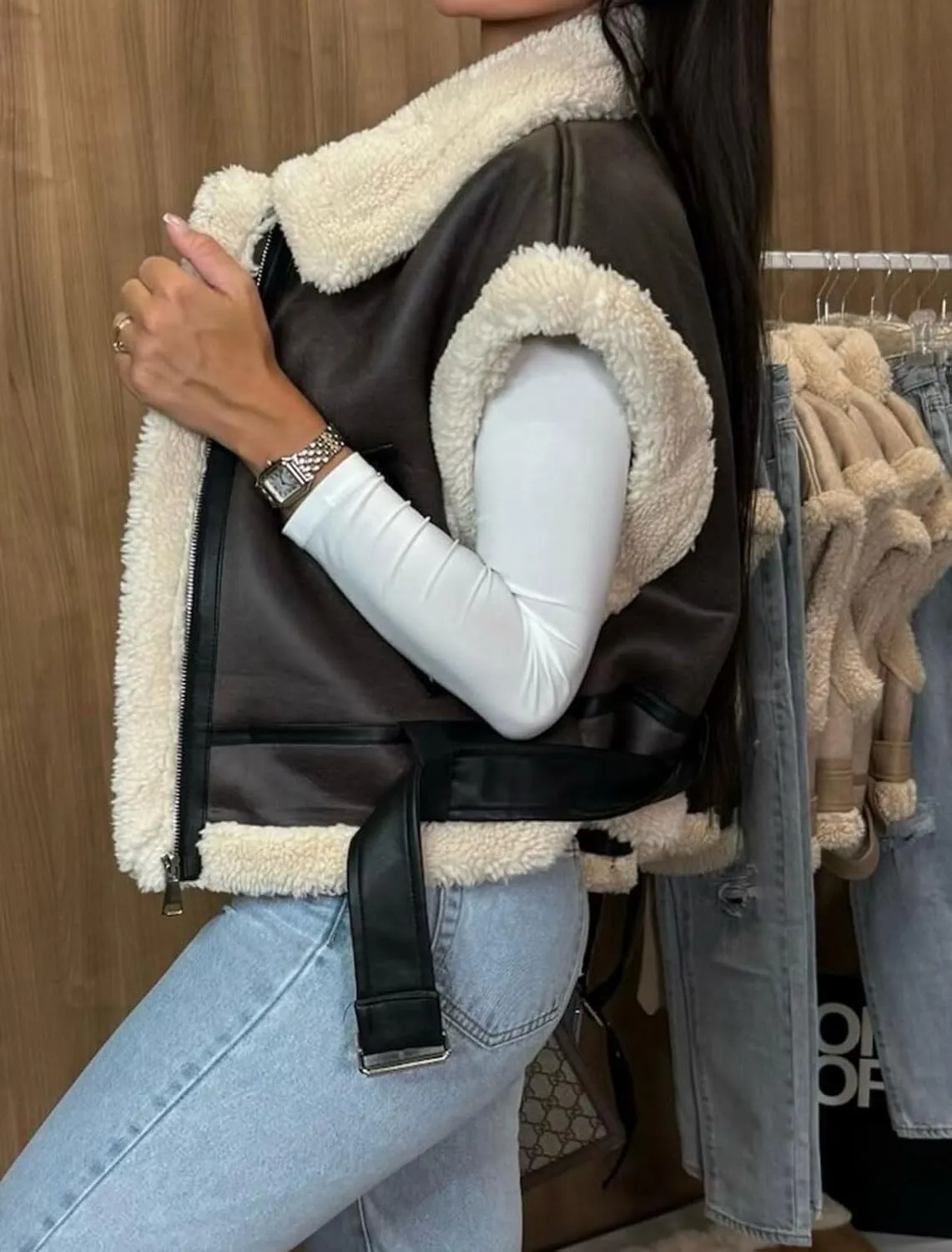 loveimgs Women Winter Sherpa Vest Faux Suede Jacket Shearling Fleece Leather Vest Sleeveless Moto Fur Coat with Belt