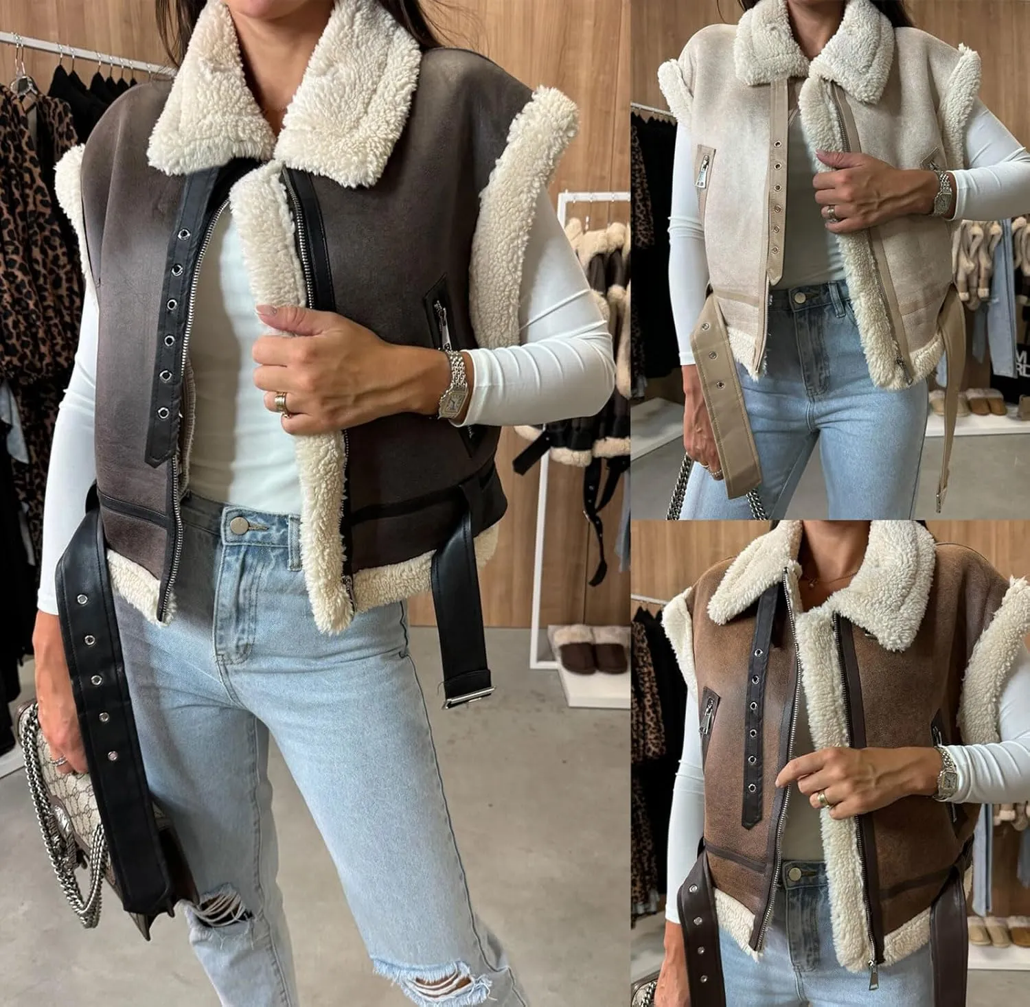 loveimgs Women Winter Sherpa Vest Faux Suede Jacket Shearling Fleece Leather Vest Sleeveless Moto Fur Coat with Belt