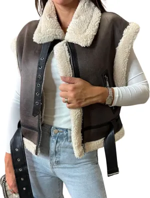 loveimgs Women Winter Sherpa Vest Faux Suede Jacket Shearling Fleece Leather Vest Sleeveless Moto Fur Coat with Belt