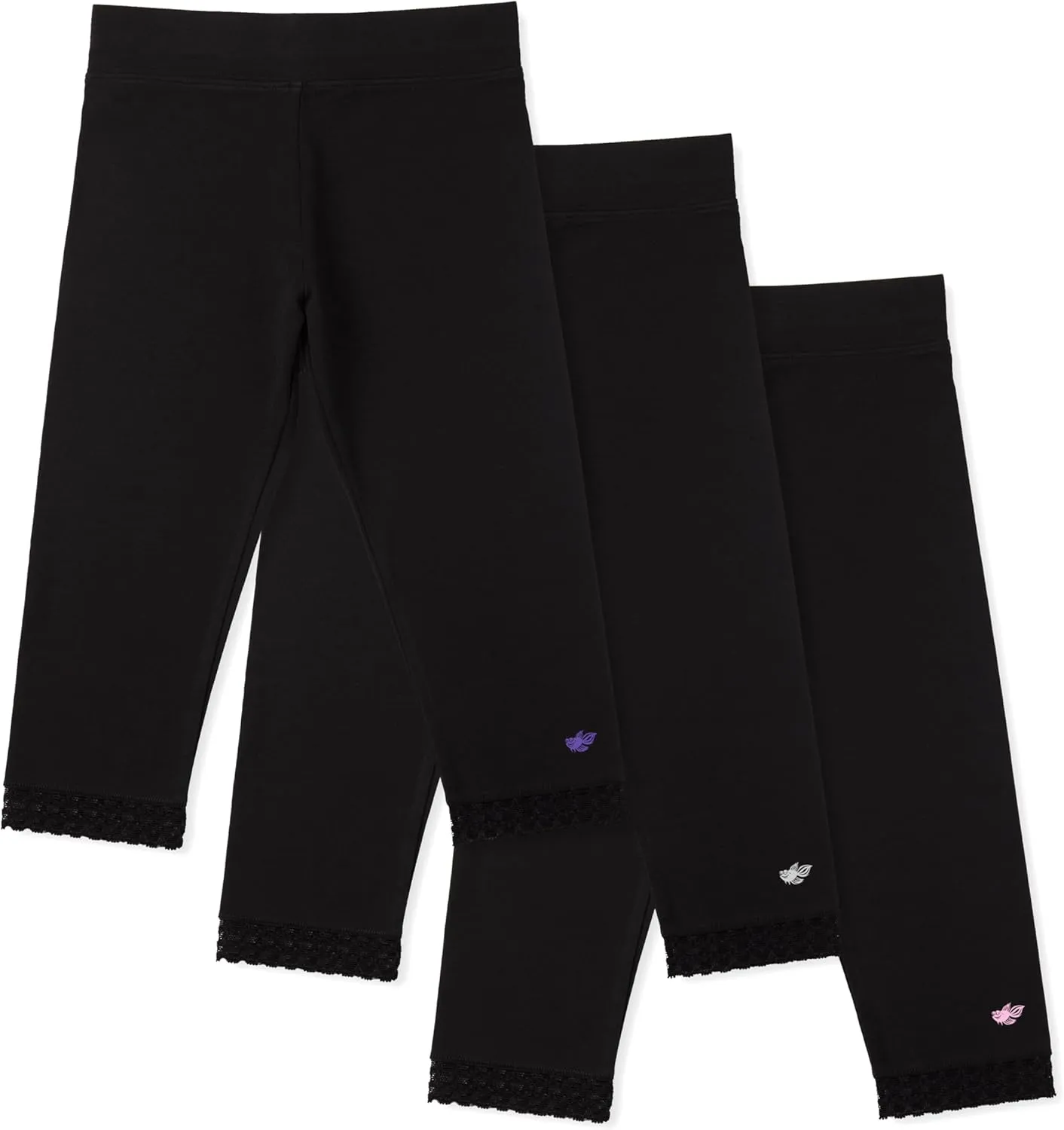 Lucky & Me Girls Leggings, Capri Length with Lace Trim and Wide Waistband, Jada 3 Pack