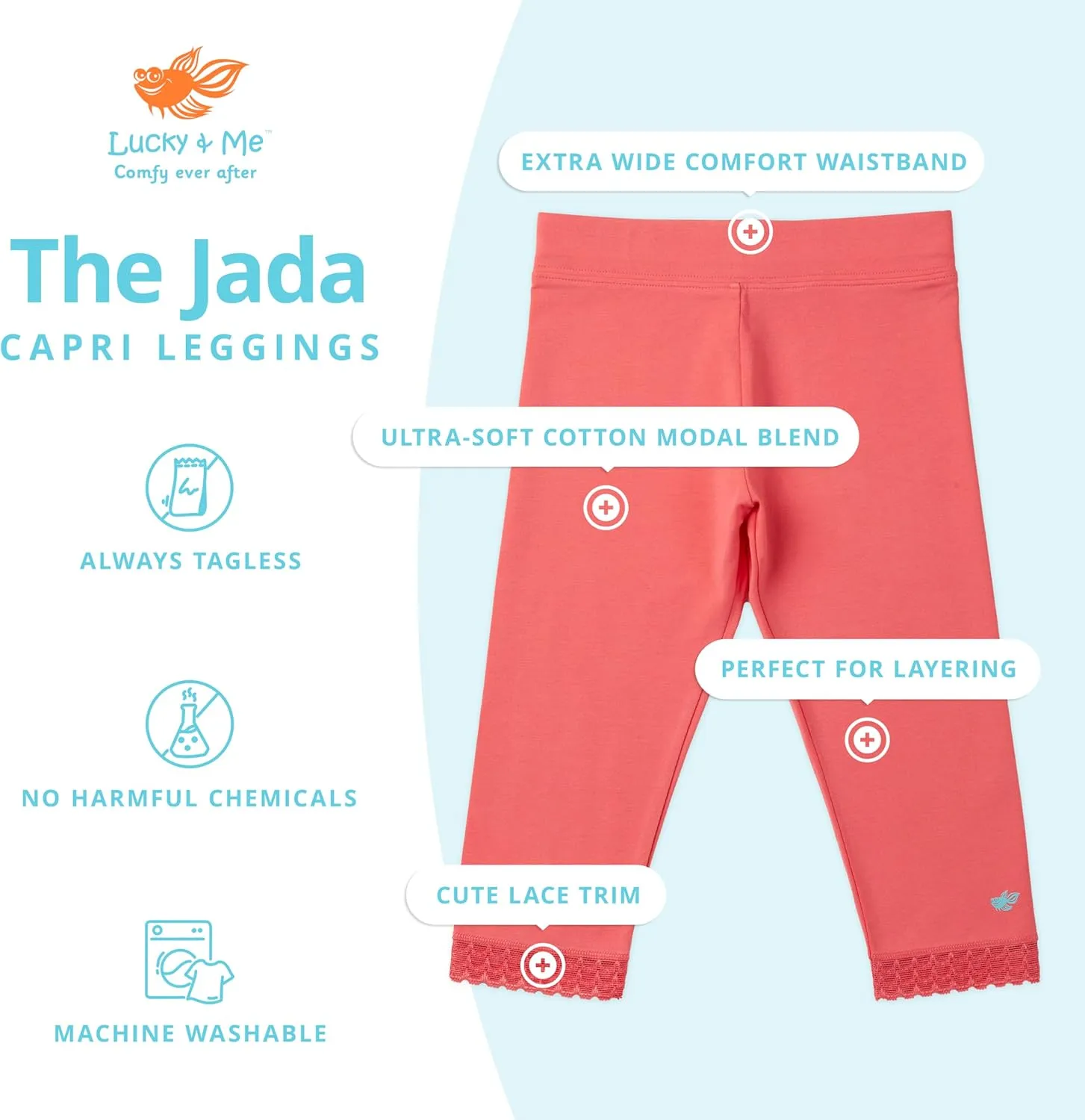 Lucky & Me Girls Leggings, Capri Length with Lace Trim and Wide Waistband, Jada 3 Pack