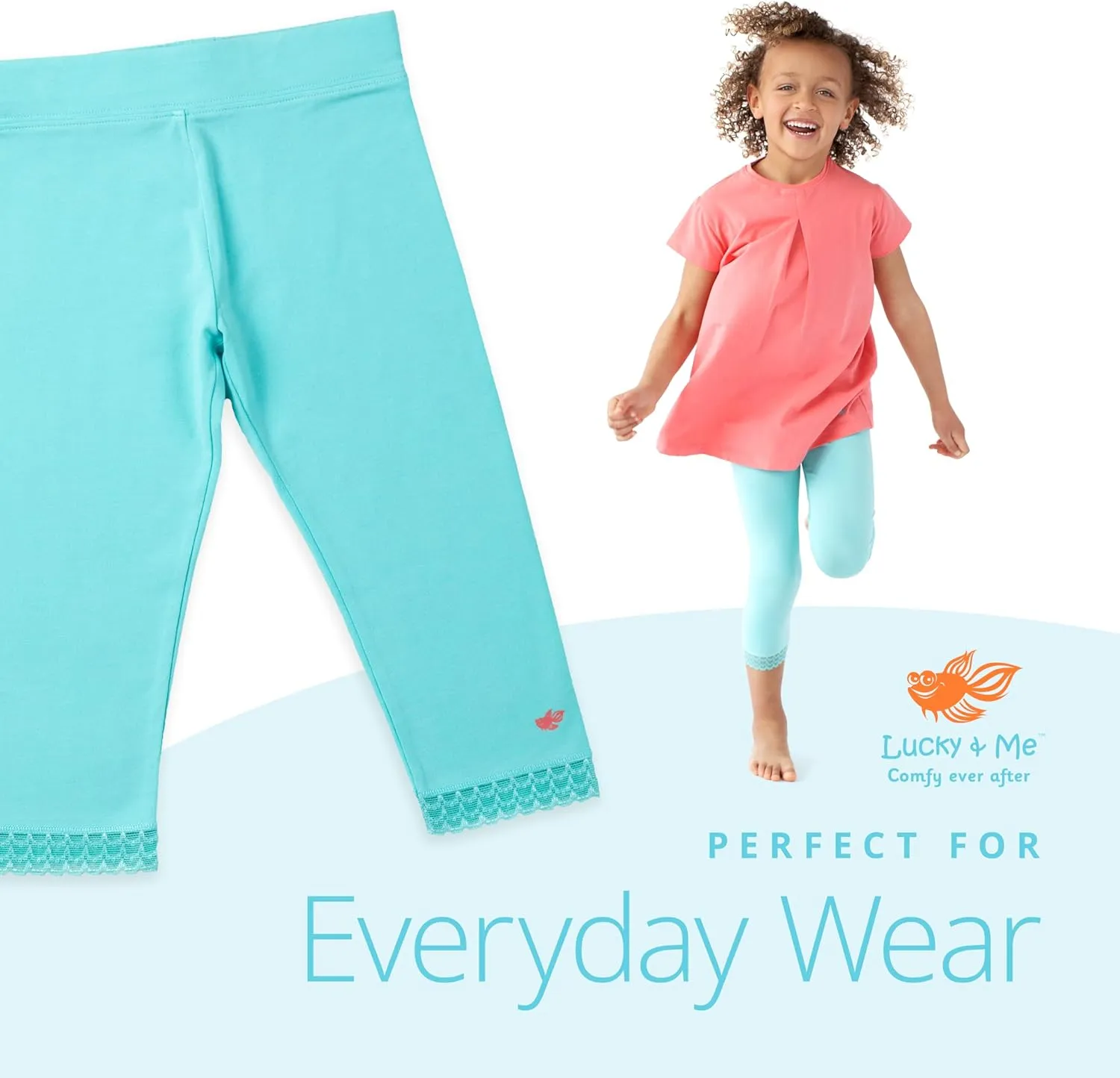 Lucky & Me Girls Leggings, Capri Length with Lace Trim and Wide Waistband, Jada 3 Pack