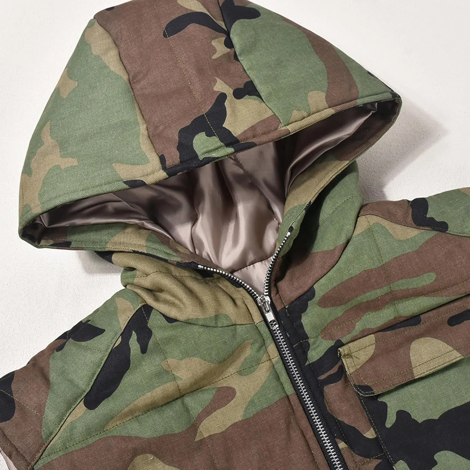 Maixang Women's Cropped Padded Camo Vest Denim Sleeveless Puffer Gilet Y2K Hooded Camouflage Vest Army Jacket Coat