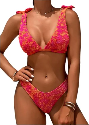 MakeMeChic Women's Floral 2 Piece Swimsuit Deep V Neck High Cut Bikini Sets Bathing Suit
