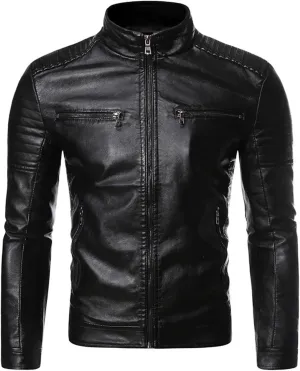 Male Stripe Leather Coat Stand Collar Pu Jackets Faux Leathers Jacket Racer Biker Style Double Zipper