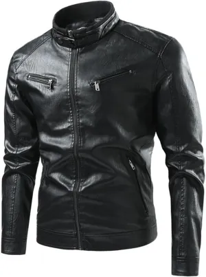 Male Stripe Leather Coat Stand Collar Pu Jackets Faux Leathers Jacket Racer Biker Style Double Zipper