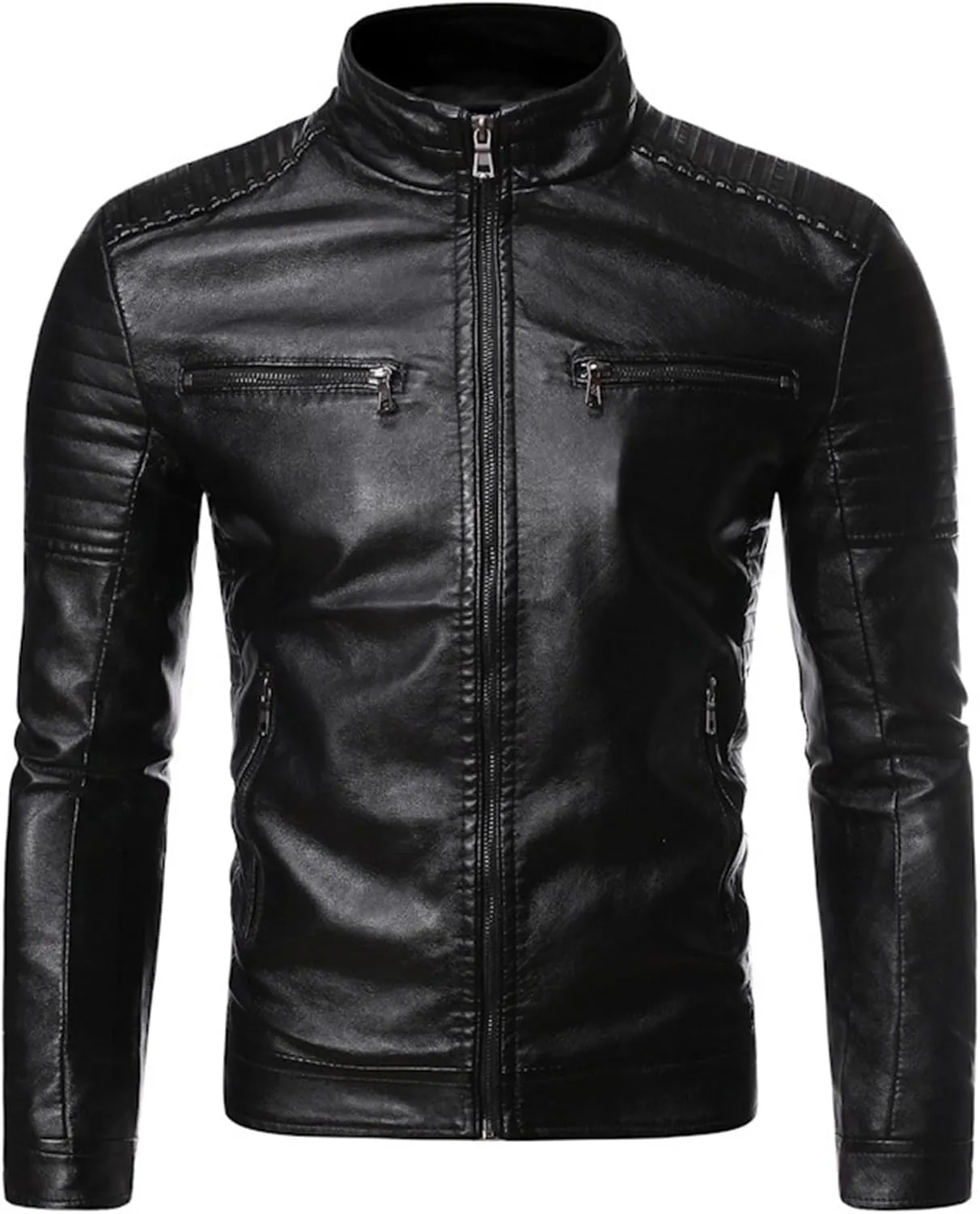 Male Stripe Leather Coat Stand Collar Pu Jackets Faux Leathers Jacket Racer Biker Style Double Zipper