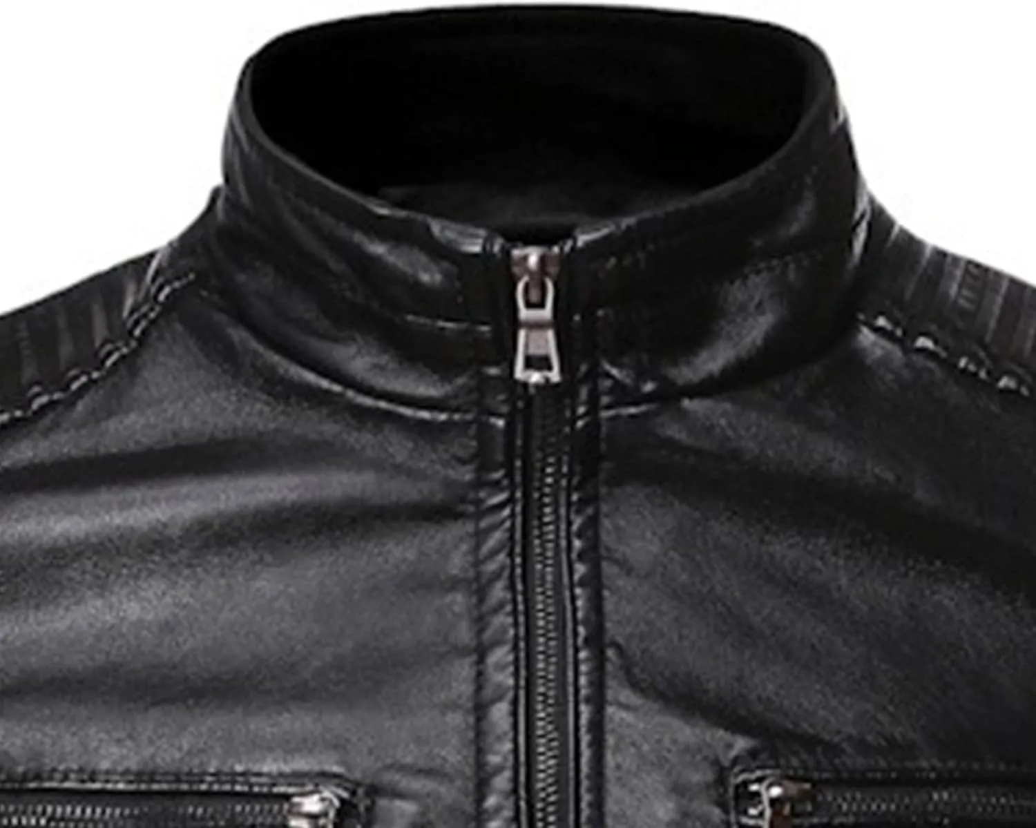 Male Stripe Leather Coat Stand Collar Pu Jackets Faux Leathers Jacket Racer Biker Style Double Zipper