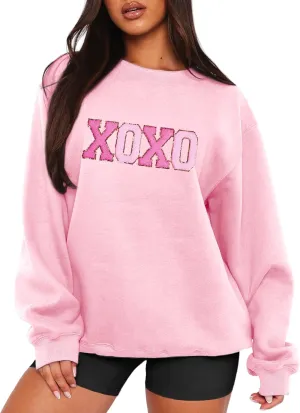 MAPICK Valentine Sweatshirts for Women Funny Letter Printed Chenille Patch Pullover Sweaters Long Sleeve Oversized Tops
