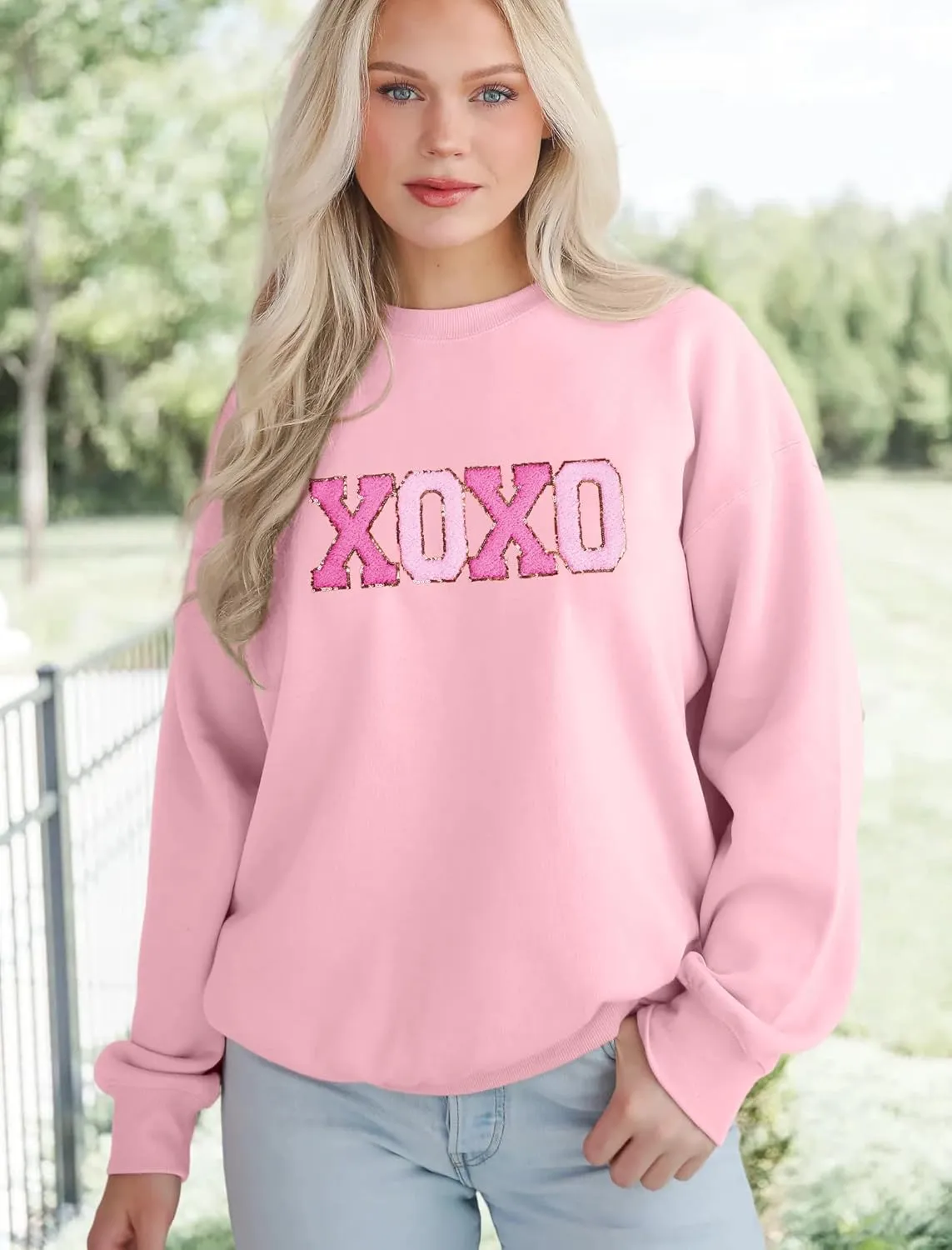 MAPICK Valentine Sweatshirts for Women Funny Letter Printed Chenille Patch Pullover Sweaters Long Sleeve Oversized Tops