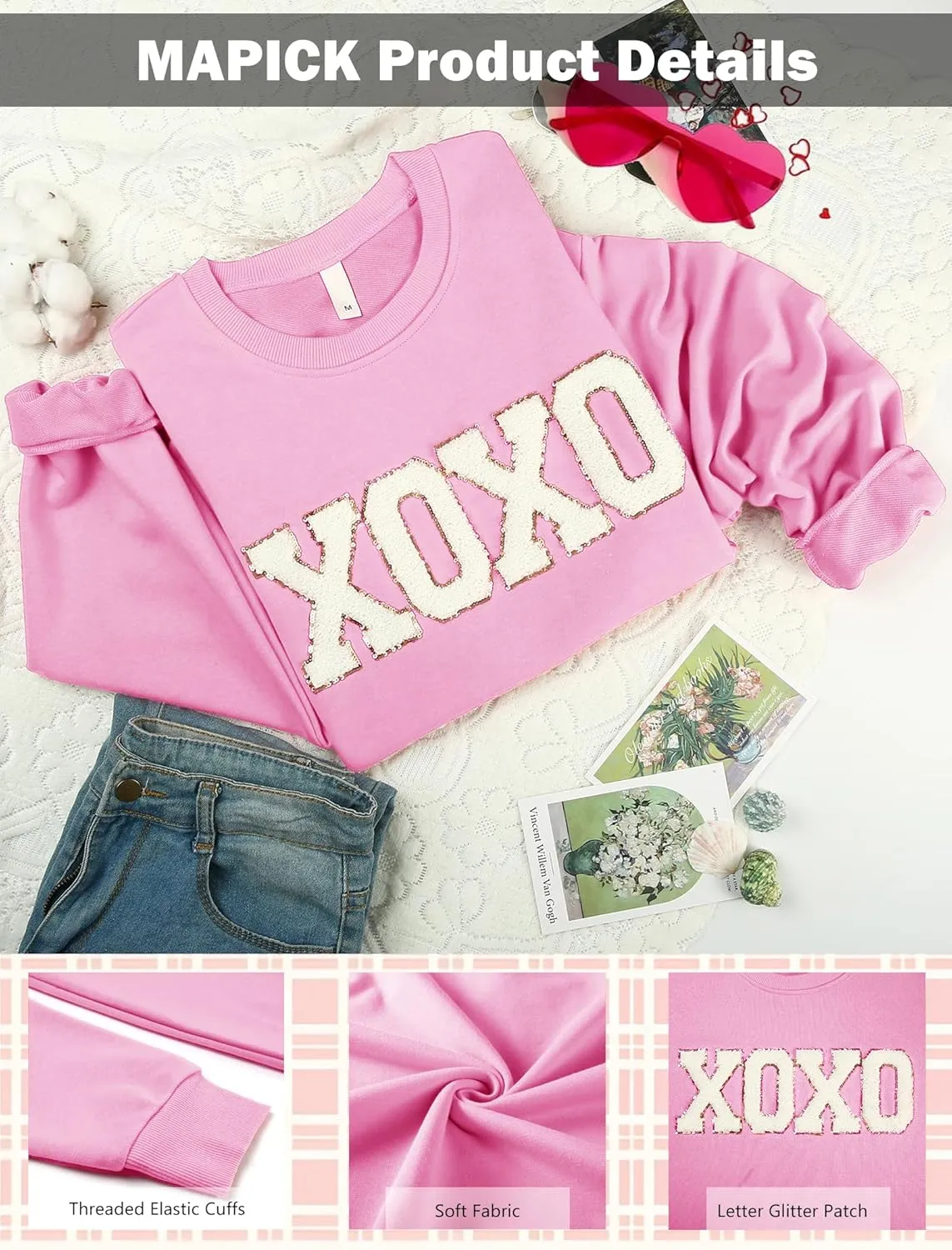 MAPICK Valentine Sweatshirts for Women Funny Letter Printed Chenille Patch Pullover Sweaters Long Sleeve Oversized Tops