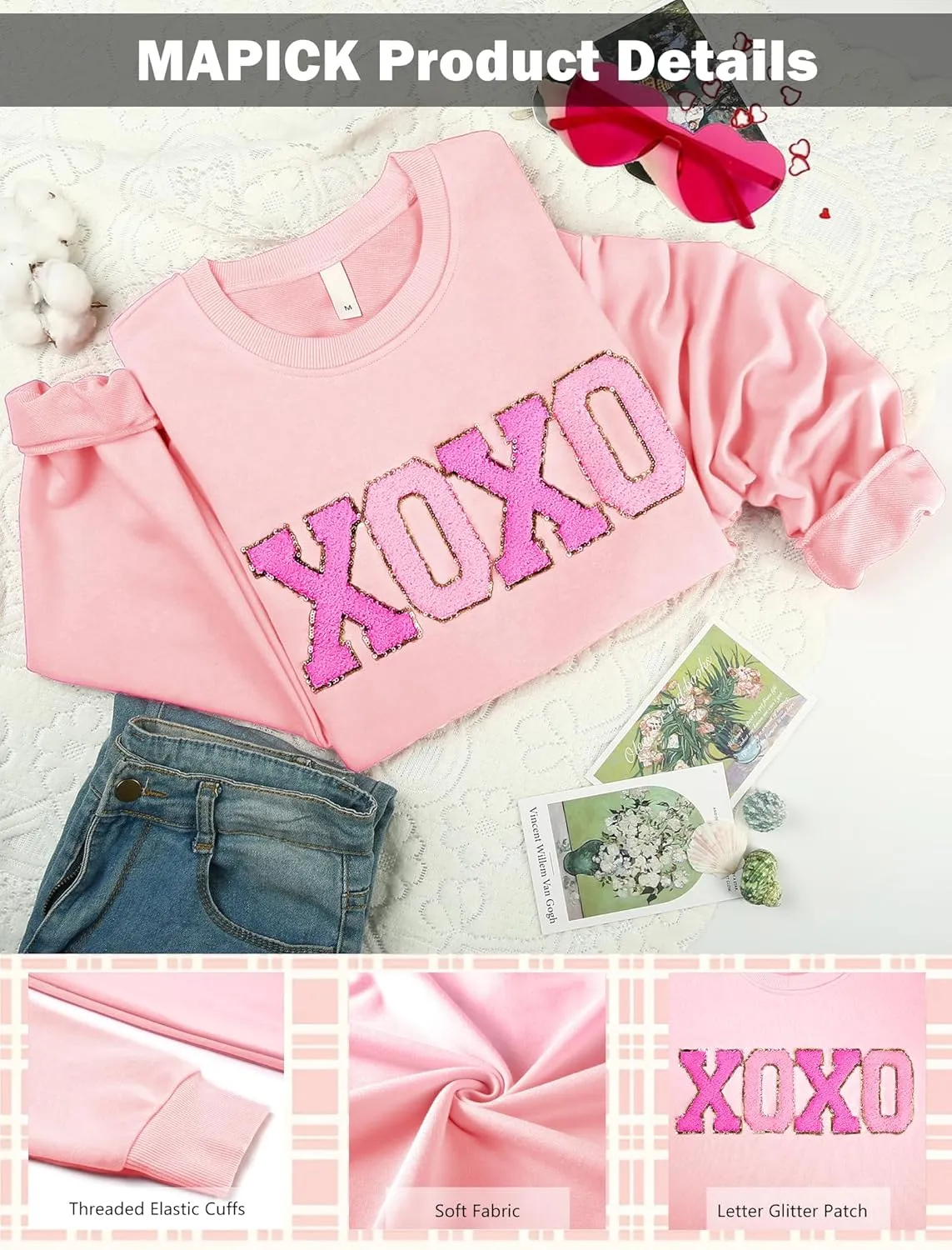MAPICK Valentine Sweatshirts for Women Funny Letter Printed Chenille Patch Pullover Sweaters Long Sleeve Oversized Tops