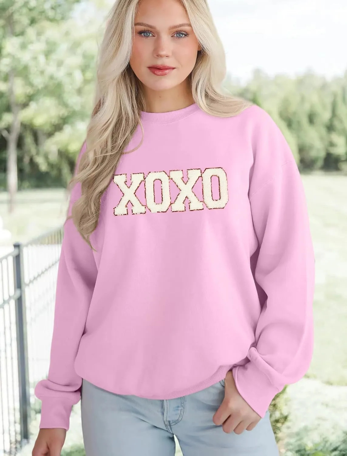 MAPICK Valentine Sweatshirts for Women Funny Letter Printed Chenille Patch Pullover Sweaters Long Sleeve Oversized Tops