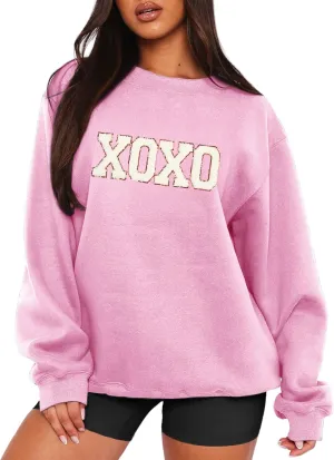 MAPICK Valentine Sweatshirts for Women Funny Letter Printed Chenille Patch Pullover Sweaters Long Sleeve Oversized Tops