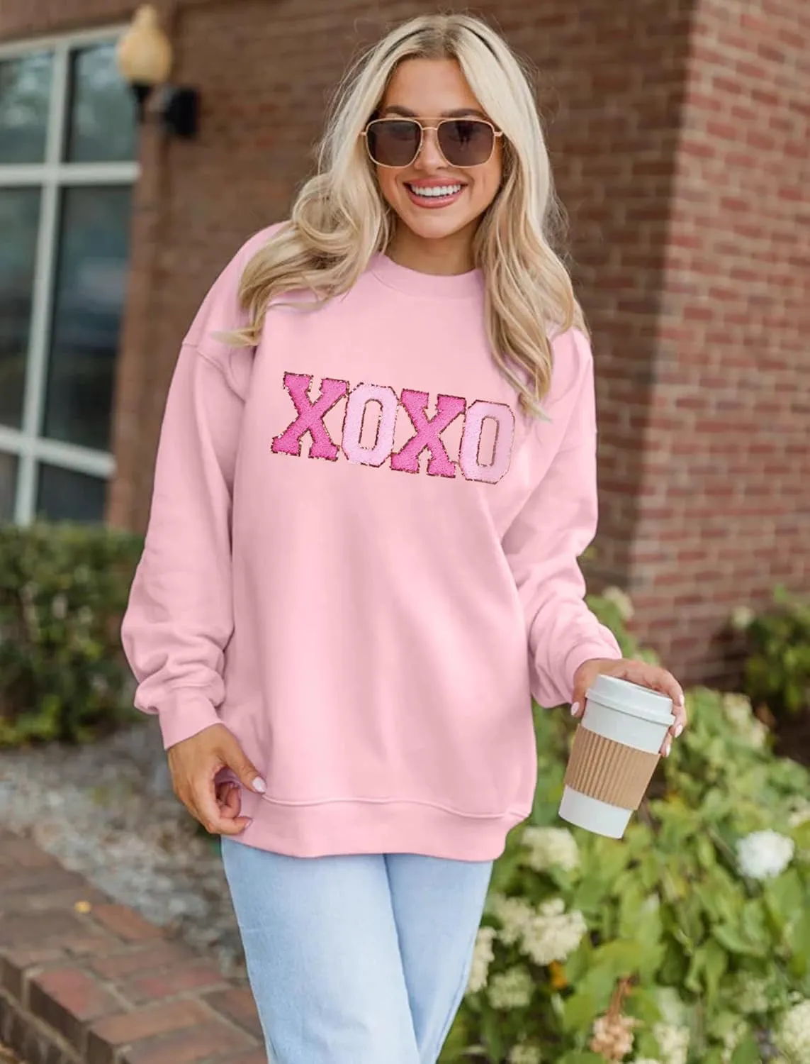 MAPICK Valentine Sweatshirts for Women Funny Letter Printed Chenille Patch Pullover Sweaters Long Sleeve Oversized Tops