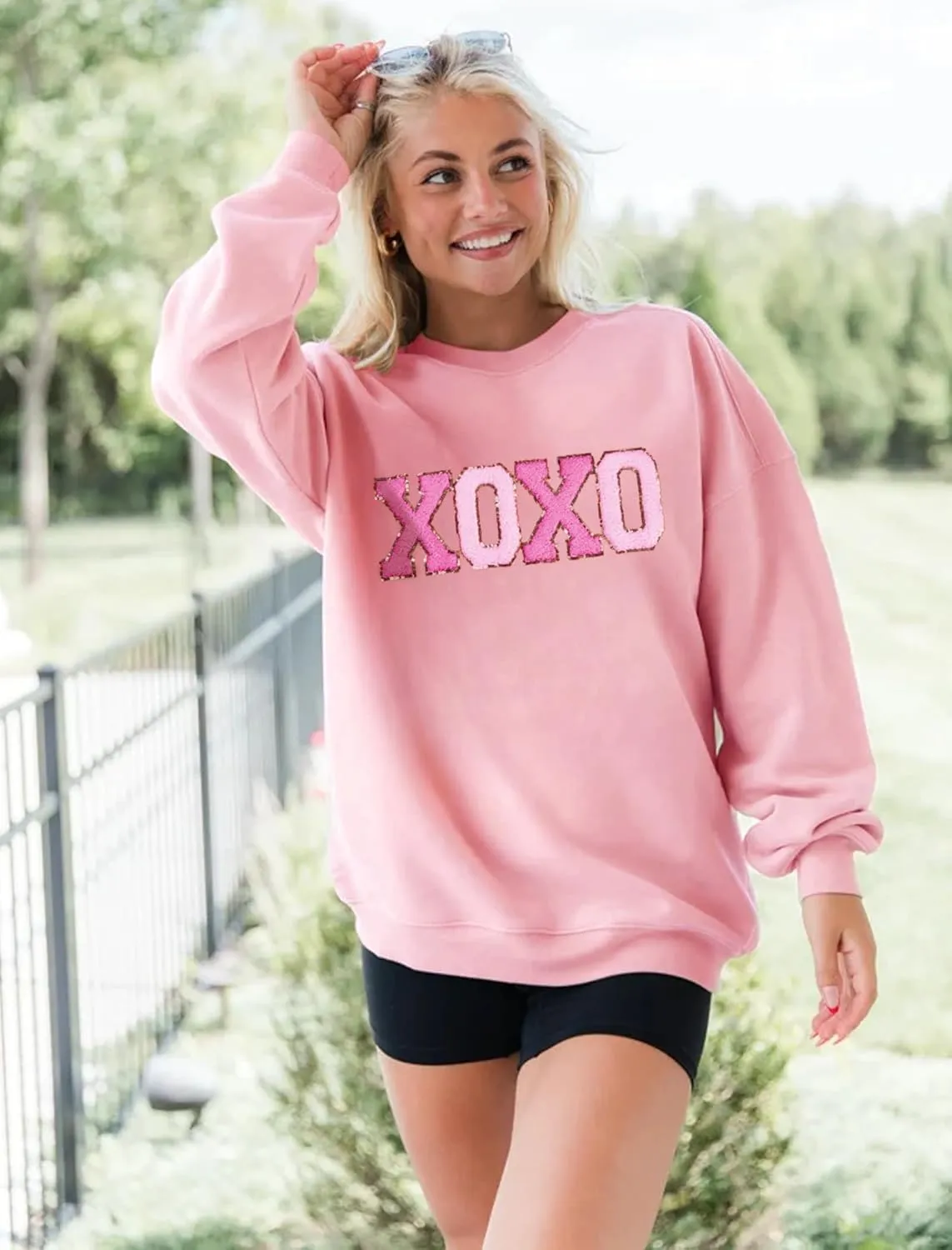 MAPICK Valentine Sweatshirts for Women Funny Letter Printed Chenille Patch Pullover Sweaters Long Sleeve Oversized Tops