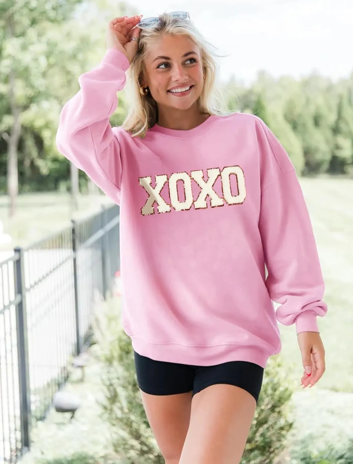 MAPICK Valentine Sweatshirts for Women Funny Letter Printed Chenille Patch Pullover Sweaters Long Sleeve Oversized Tops