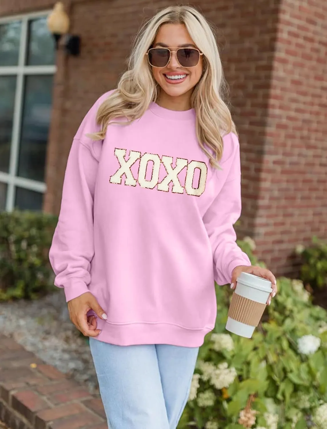 MAPICK Valentine Sweatshirts for Women Funny Letter Printed Chenille Patch Pullover Sweaters Long Sleeve Oversized Tops