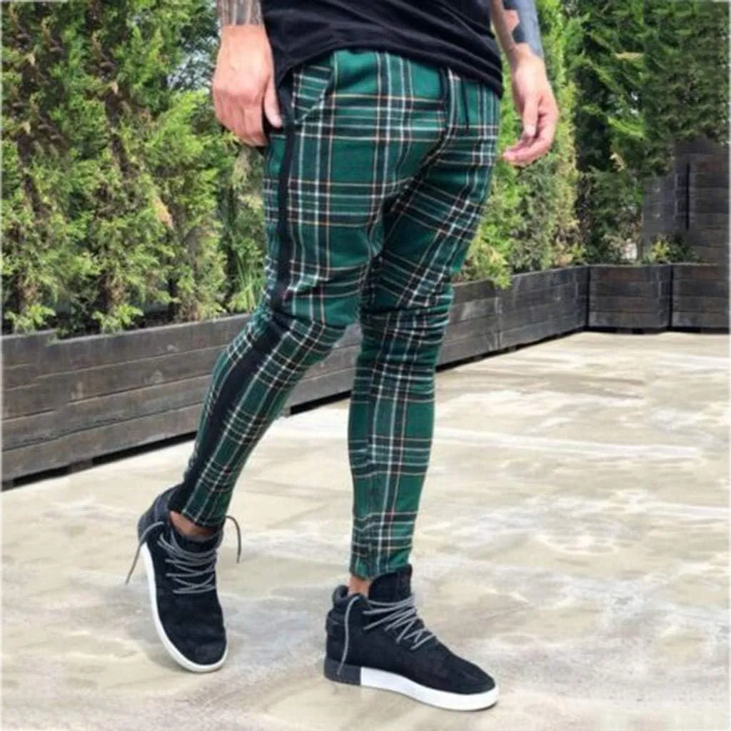 Maryia Men's Casual Plaid Trousers Flat-Front Skinny Slim Fit Track Chino Pants Running Sport Joggers Sweatpants