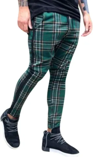 Maryia Men's Casual Plaid Trousers Flat-Front Skinny Slim Fit Track Chino Pants Running Sport Joggers Sweatpants