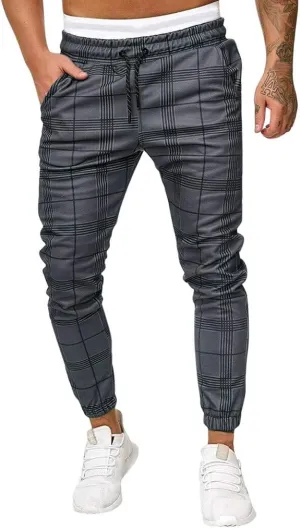 Maryia Men's Casual Plaid Trousers Flat-Front Skinny Slim Fit Track Chino Pants Running Sport Joggers Sweatpants