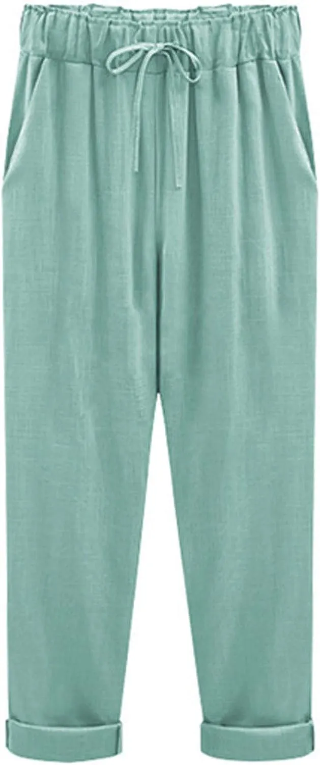 Maryia Women's Linen Cropped Pants Tapered Capris Casual Comfy Solid Rolled Leg Summer Loose Trousers