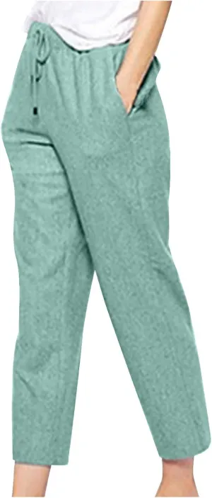 Maryia Women's Linen Cropped Pants Tapered Capris Casual Comfy Solid Rolled Leg Summer Loose Trousers