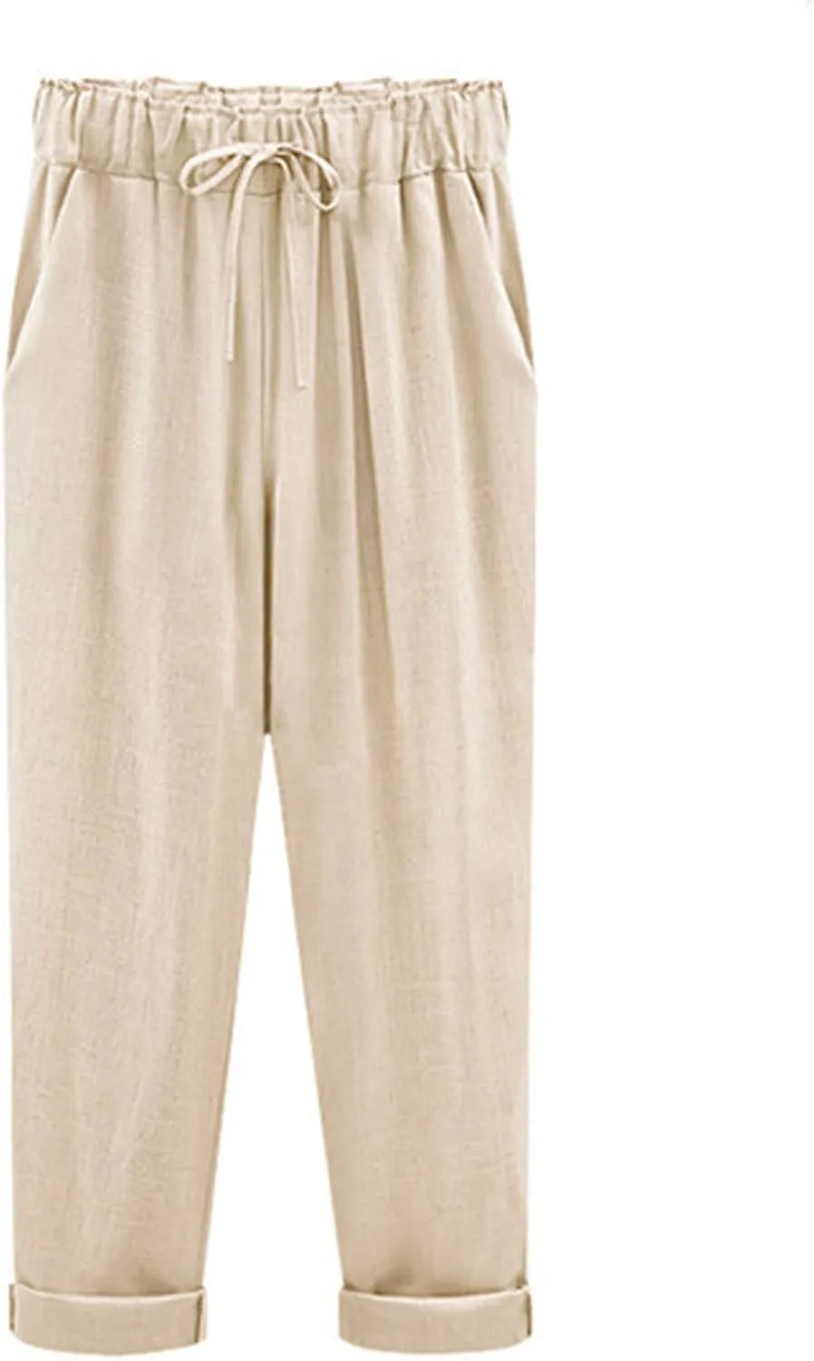 Maryia Women's Linen Cropped Pants Tapered Capris Casual Comfy Solid Rolled Leg Summer Loose Trousers