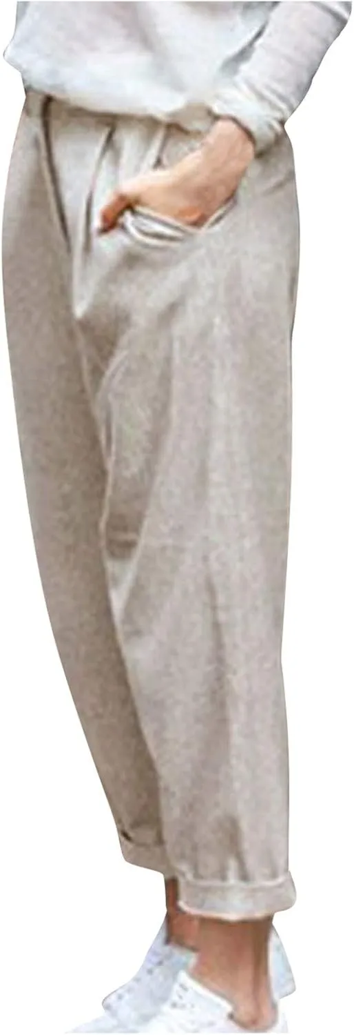 Maryia Women's Linen Cropped Pants Tapered Capris Casual Comfy Solid Rolled Leg Summer Loose Trousers